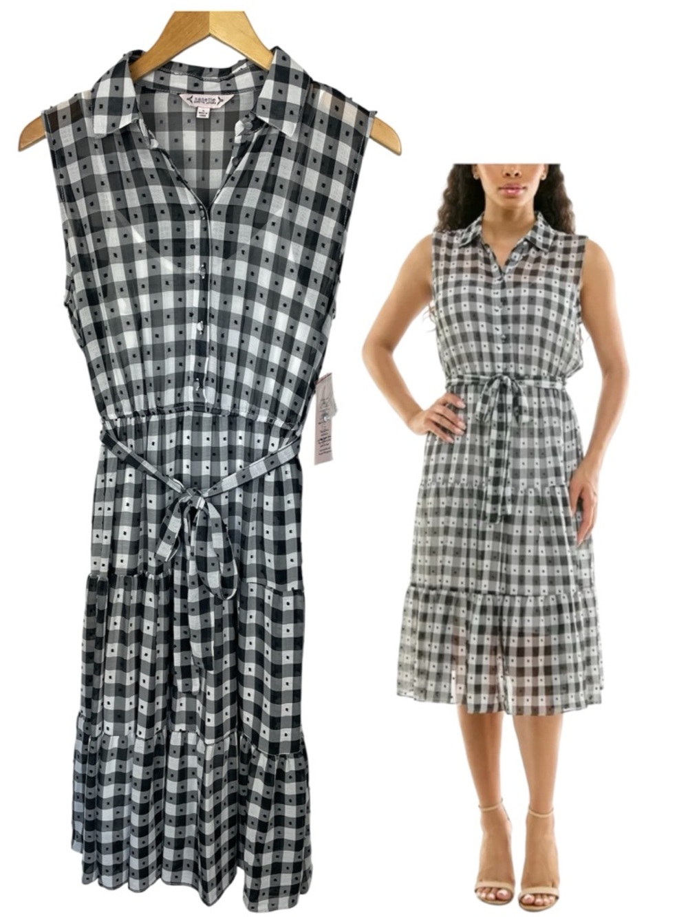 Nanette Lepore Gingham Dobby Tiered Sleeveless Shirtdress Black & White Size 4